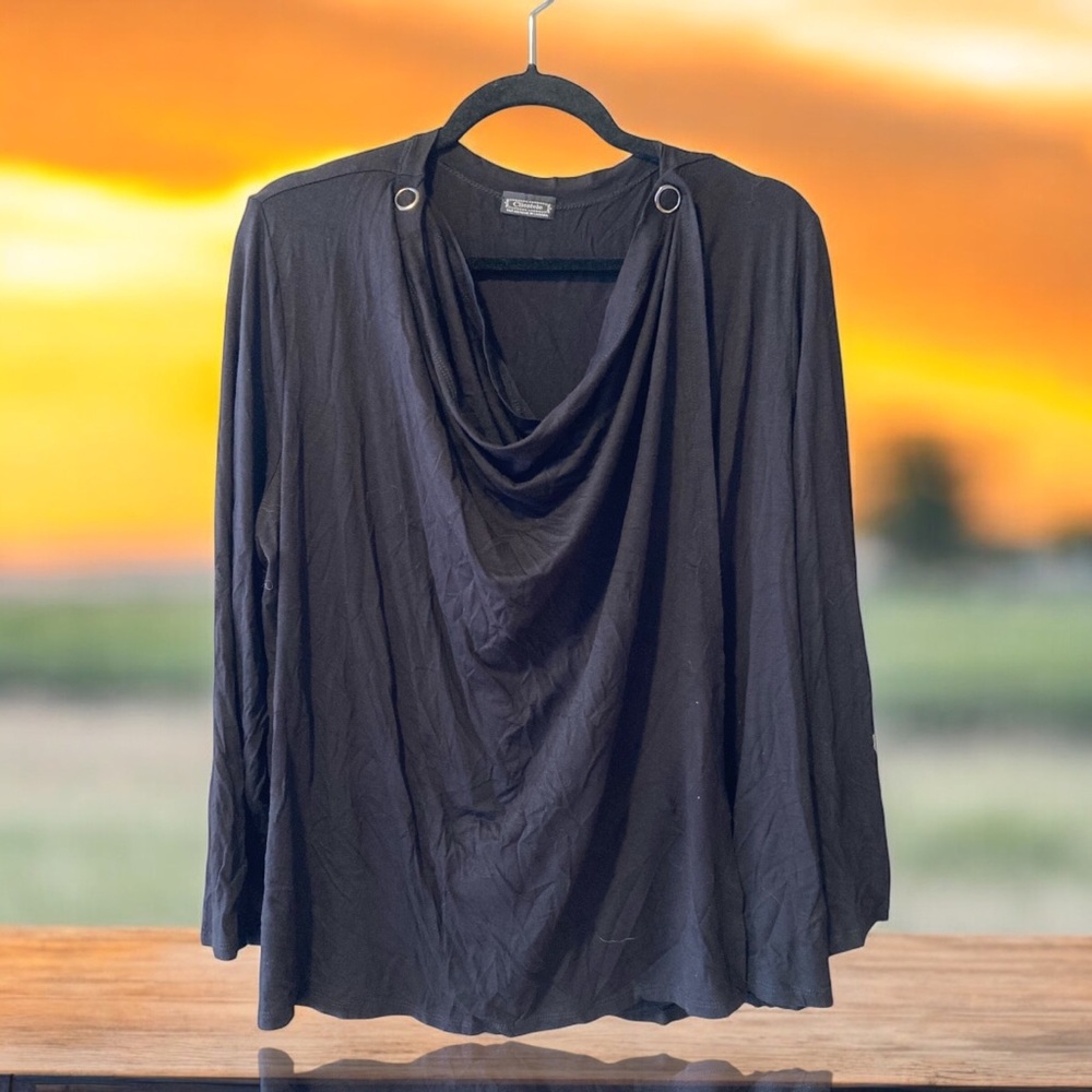 Clientele Black Draped Cardigan with Snap Button Metal Accents